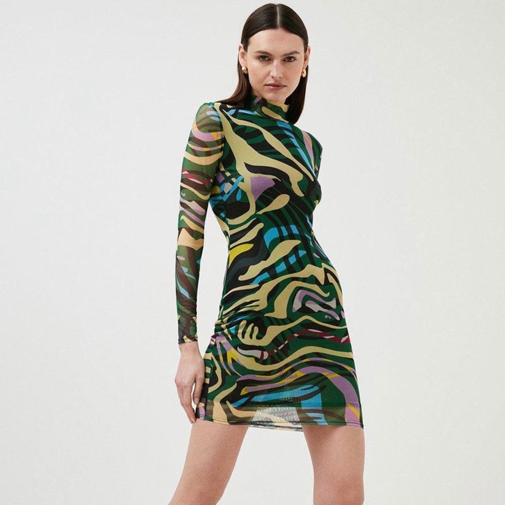 Karen Millen Abstract Mesh Mini Dress | Mock Neck Bodycon | Size 10 - Picture 5 of 6